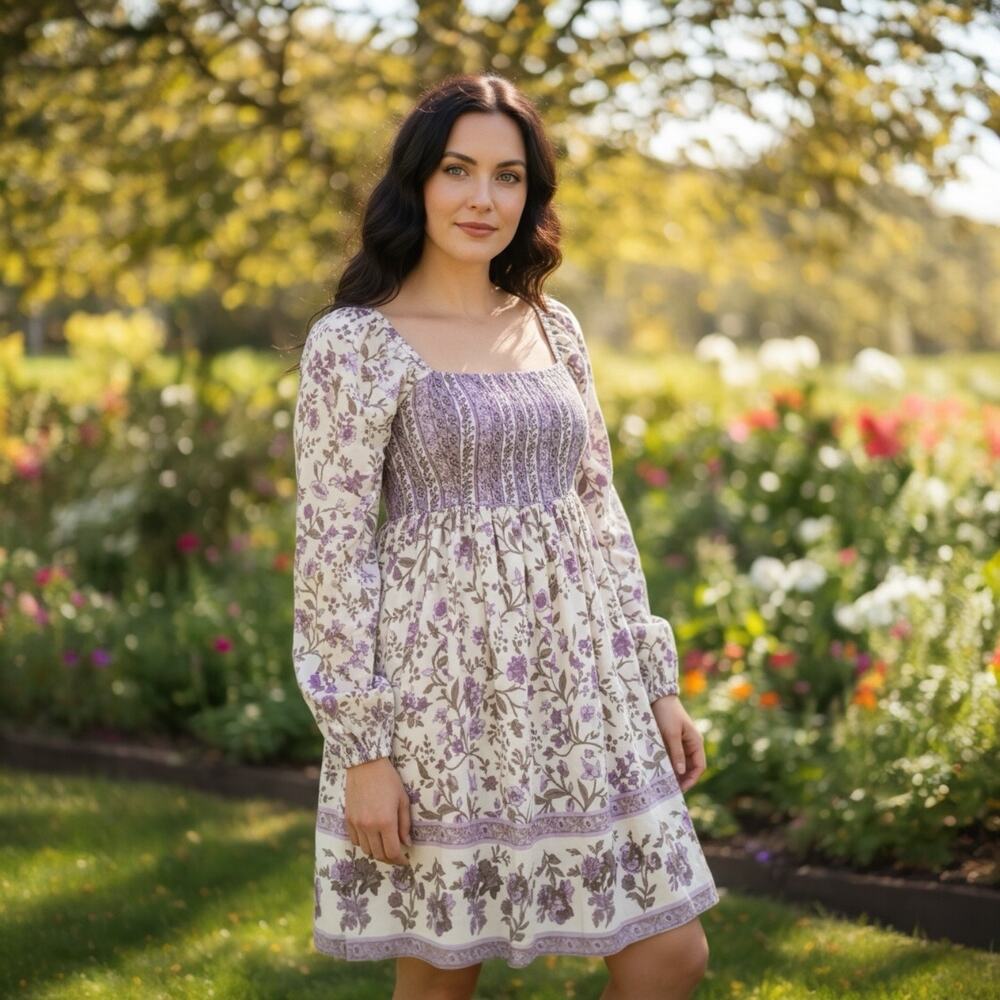 Japna Purple 100% Rayon Floral Smocked Peasant Fit And Flare Boho Mini Dress M